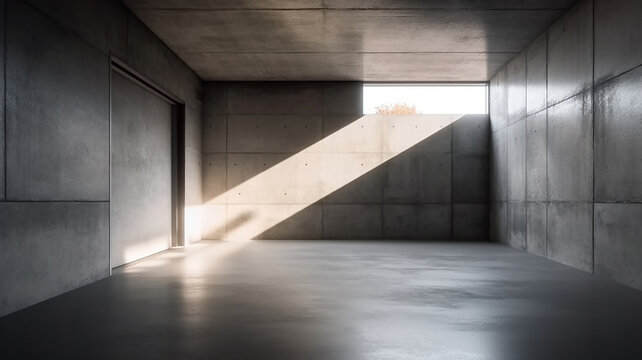 ambiente moderno di cemento , vuoto, luce da ampia finestra , stile minimalista, ideale per sfondo fotografico, creato con ai