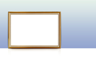 front view white paper on golden rectangular frame placed on white floor, blue wall background, object, decor, fashion, gift, photo, copy space
