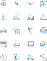 Automobile Servicing linear icons set. Maintenance, Repairs, Servicing, Oil changes, Brakes, Tires, Alignment line vector and concept signs. Suspension,Transmission,Engine outline illustrations