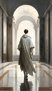 Androgynous Tall Robed Short Hair Freckles Walking Down A Large And Empty Marble Hallway 