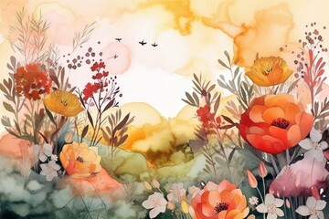 Obraz na płótnie Canvas Creative Illustration and Innovative Art: Artistic, Natural and Poetic Floral Background - Watercolor Style. Realistic Fantastic Cartoon Style Artwork Scene, Wallpaper, Story. Generative AI