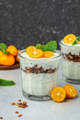 Chia pudding parfait, layered with kumquat and granola. breakfast. Healthy food concept. place for text