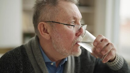 Portrait of thirsty gray haired senior man drinking clear water from glass. Elderly male in sunglasses taking care health. Maintaining water balance in human body and healthy good life habits concept.