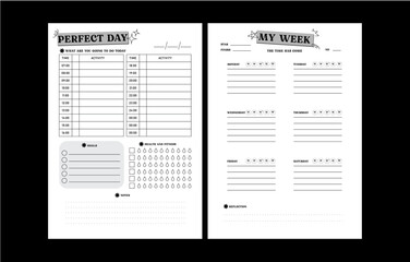 Collection of daily planners for life and planner sheets, organizer for personal and work issues , student , collage, Digital Planner, Cute and simple black and white Printable. Vector illustration.
