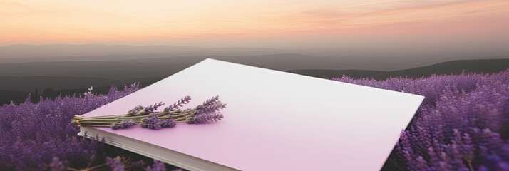 Mockup with lavender plants on lavender field background at sunset