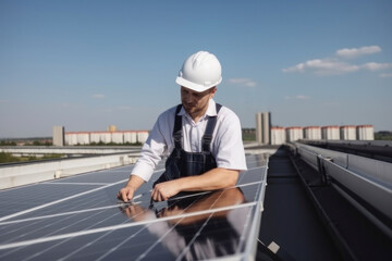 An engineer inspects the sun's function and the cleanliness of solar panels to ensure efficiency, with generative AI technology