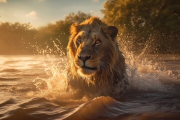 Naklejka premium A lion is frolicking and making a splash in the river, enjoying its refreshing waters, with generative AI technology