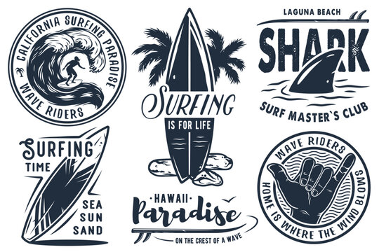 Summer surfing print set with surfer on wave. shaka, tiki mask and surfboard. Vector colored t-shirt hawaii apparel design