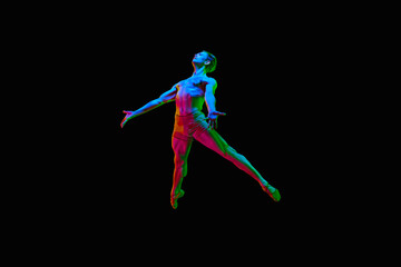 Fototapeta na wymiar Young flexible professional athletic man, dancer jumping up in air over dark studio background with neon light. Modern ballet dancer