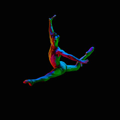Fototapeta na wymiar Portrait of graceful muscled male ballet dancer jumping up in air over dark studio background with neon light. Male twine