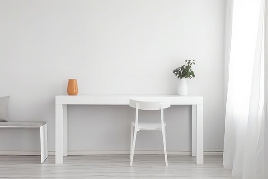 Aesthetic minimal desain. Interior design of  Modern White table against the wall With soft lighting. Generative Ai