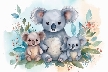 Card for Mother's Day. A mother koala with a baby koala. Watercolor drawing. Generative AI