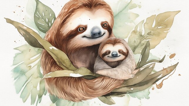Card for Mother's Day. Mother sloth with baby sloth. Watercolor drawing. Generative AI