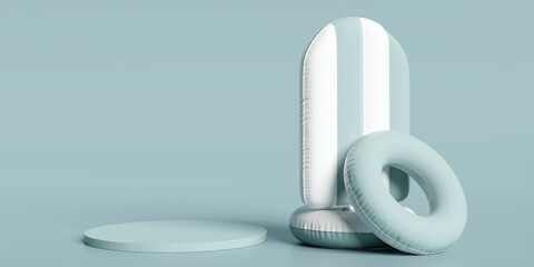 Product display podium. Summer concept, swim ring, ice cream rubber float, on blue background. 3D rendering