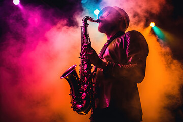 Jazz saxophonist performing on stage illuminated by concert colored lights in clouds of smoke, created with Generative AI