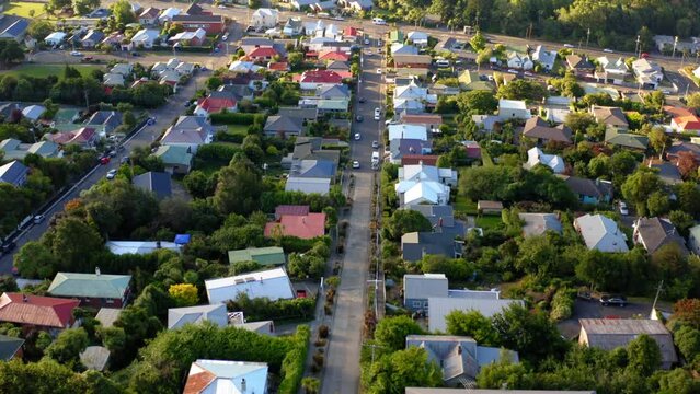 Drone view over a residential district in Dunedin, New Zealand