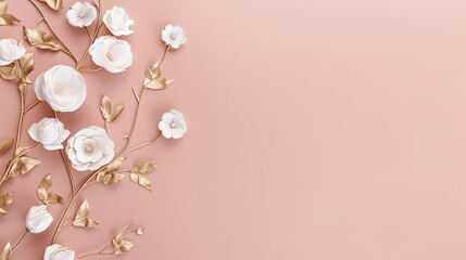 Fototapeta na wymiar Background with soft elegant white wild flowers design on pink backdrop. Minimalist style. Exclusive graphic for backgrounds or media. Generative AI. 