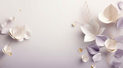 Minimalist abstract background, festive elegant texture, white flowers with gold and lilac addition. Generative AI.
