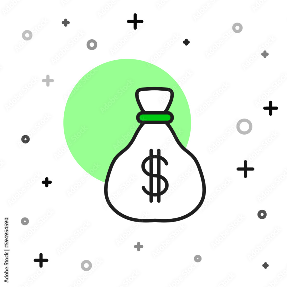 Sticker Filled outline Money bag icon isolated on white background. Dollar or USD symbol. Cash Banking currency sign. Vector