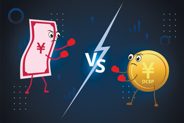 Naklejka premium Currency battle yuan against DCEP. Fiat yuan vs digital yuan fight on a stylized background.