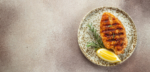 grilled chicken fillet. Healthy fats, clean eating for weight loss. Long banner format. top view