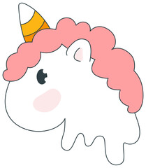 White fairy tale unicorn character with a pink mane. Unicorn head illustration in y2k style, retro, groovy for print, logo dessign. Isolated on white background. Vector