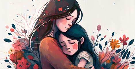 Obraz na płótnie Canvas Happy Mother's Day illustration of mom and daughter hugging each other, Generative AI 