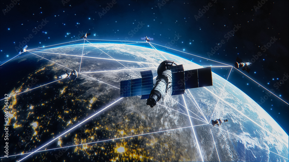 Fototapete many satellites flying over earth as seen from the space, they connect and cover planet with digital
