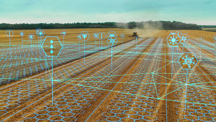 Aerial Shot: Harvester Working on Field. Digitalization of the Crops Growing Efficiency with AI...