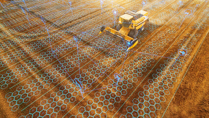 Aerial Shot: Harvester Working on Field. Digitalization of the Crops Growing Efficiency with AI Data Analysis. Futuristic Agriculture Concept of Computerized, Eco, Sustainable way of Harvesting