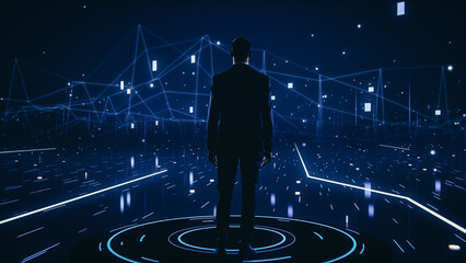 Virtual Reality Internet Interface Concept: Businessman in 3D Cyberspace World: Browses Through Content Websites, Watches Video Streaming Services, uses Social Media, does e-Commerce e-Business