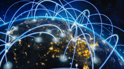 3D Graphics: Spinning Planet Earth Seen from Space Sharing Rays of Information Between Cities....