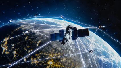 Many Satellites Flying over Earth as Seen from the Space, They Connect and Cover Planet with Digitalization Network of Information. Global Data Grid Connecting Whole World. 3D VFX Rendering - obrazy, fototapety, plakaty