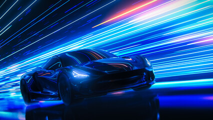 3D Car Model: Sports Car Driving at on a Road on High Speed, Racing Through the Colorful Tunnel With Lights Reflections Everywhere. Dark Supercar Driving Fast on Highway. VFX edit.