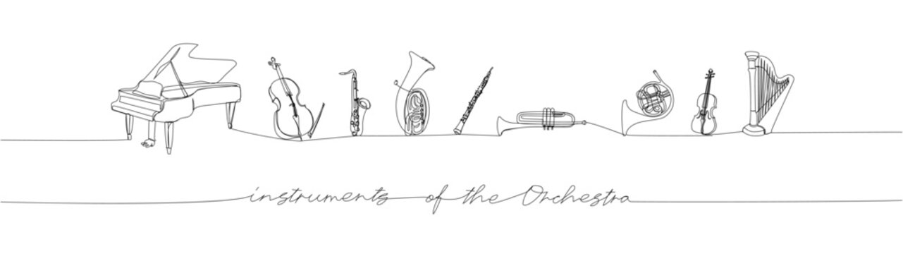 Instruments of the Orchestra set one line art. Continuous line drawing of grand piano, tuba, trumpet, french horn, violin, cello, harp with an inscription, lettering, handwritten.