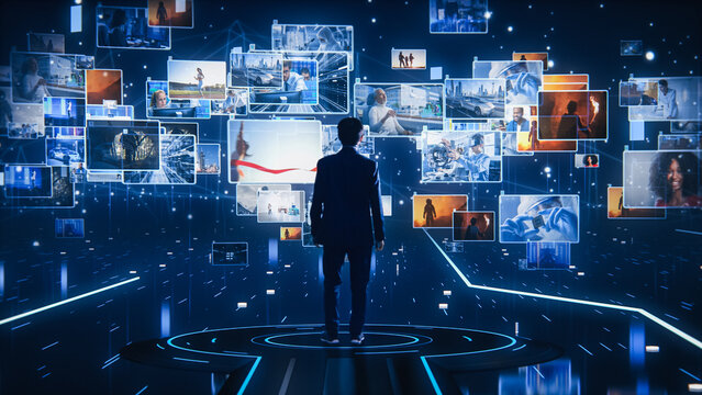 Virtual Reality Internet Interface: Asian Businessman Uses Smartphone in 3D Cyberspace Environment: Browses Websites, Enjoys Video Streaming Services, uses Social Media, Works with e-Commerce