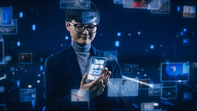 Virtual Reality Internet Interface: Asian Businessman Uses Smartphone in 3D Cyberspace Environment: Visits Websites, Watches Video Streaming Services, uses Social Media, Does e-Commerce