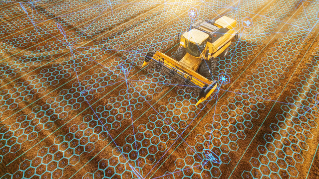 Aerial Shot: Harvester Working on Field. Digitalization of the Crops Growing Efficiency with AI Data Analysis. Futuristic Agriculture Concept of Computerized, Eco, Sustainable Harvesting.