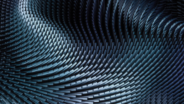 Hypnotic Technological Abstract Concept: Digital Forest of Silver Metal Stem Lines Moving in Waves. Futuristic Visualization, Advanced Technology, Stylish Geometric Structure. VFX 3D Graphics Render