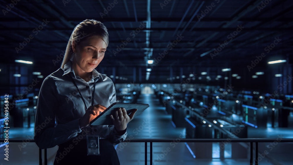 Poster Successful Data Center IT Specialist Using Tablet Computer. Server Farm Cloud Computing Facility with Female System Administrator Working. Data Protection Engineering for Cyber Security.