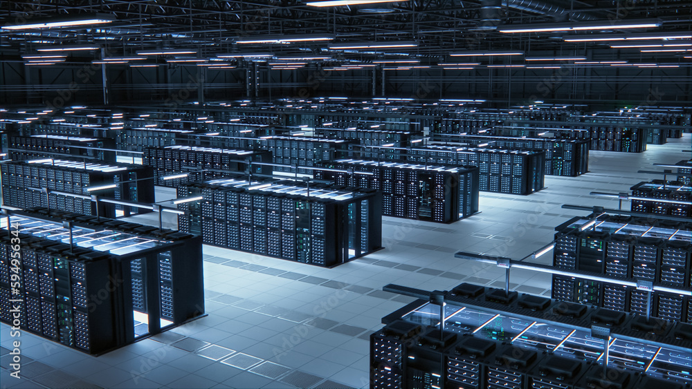 Poster Modern Data Technology Center Server Racks Working in Well-Lighted Room. Concept of Internet of Things, Big Data Protection, Storage, Cryptocurrency Farm, Cloud Computing. 3D Computer Generated.