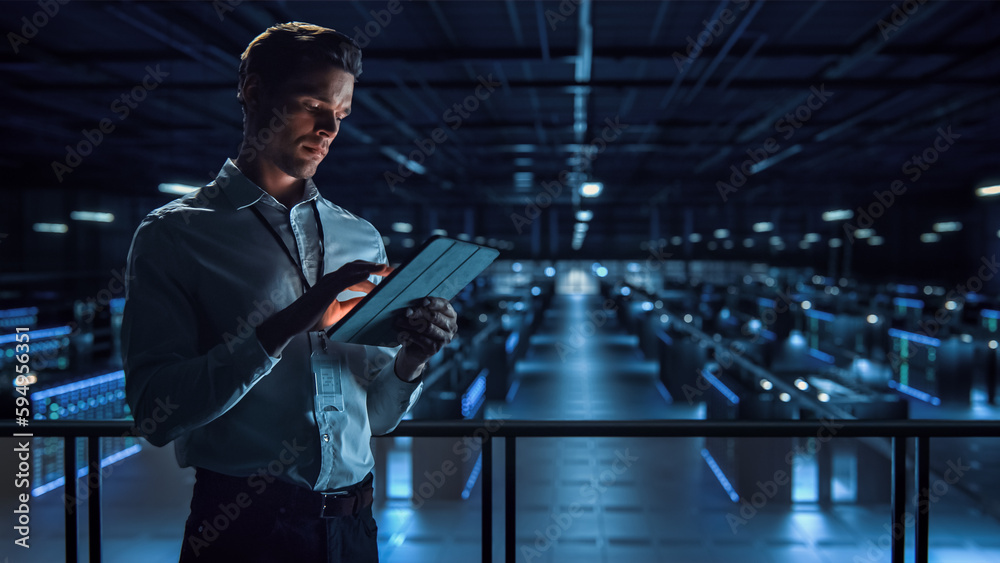 Poster Successful Data Center IT Specialist Using Tablet Computer. Server Farm Cloud Computing Facility with System Administrator Working. Data Protection Engineering Network for Cyber Security.