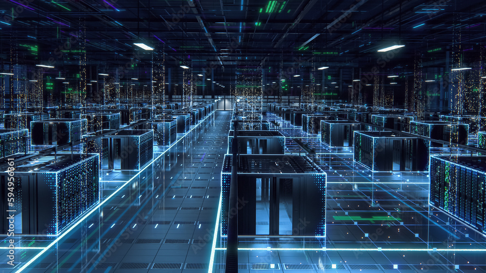 Poster Big Data Technology Center Server Racks in Dark Room with VFX. Futuristic Visualization Concept of Internet of Things, Data Flow, Digitalization of Traffic. Information Equipment Warehouse