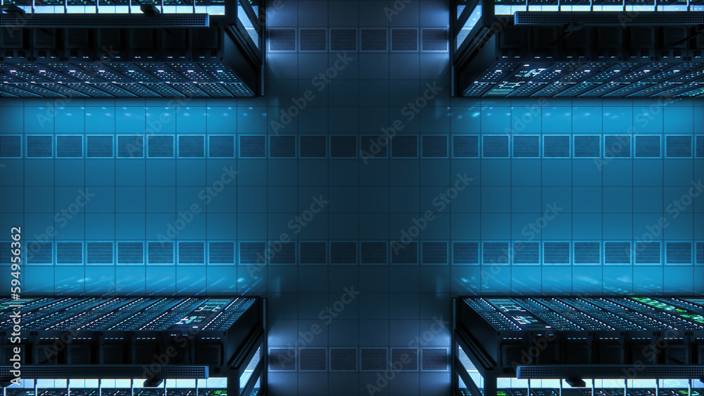 Poster modern data technology center server racks working in dark facility. concept of internet of things, 