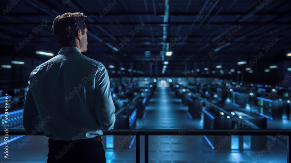 Poster Successful Data Center IT Specialist Using Tablet Computer. Server Farm Cloud Computing Facility with System Administrator Working. Data Protection Engineering Network for Cyber Security Concept.