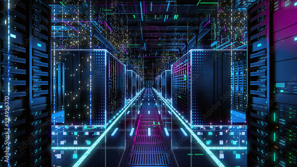 Fototapete Modern Data Technology Center Server Racks in Dark Room with VFX. Visualization Concept of Internet of Things, Data Flow, Digitalization of Internet Traffic. Information Storage Equipment.