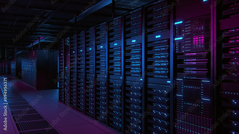 Aufkleber modern data technology center server racks working in dark facility. concept of internet of things, 