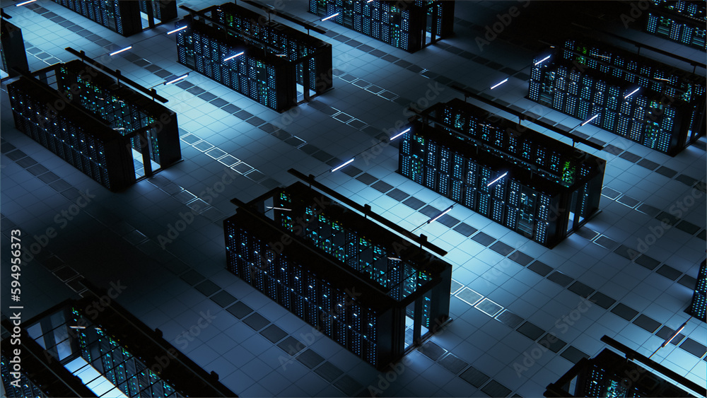 Poster data technology center server racks working in dark facility. concept of internet of things, big dat