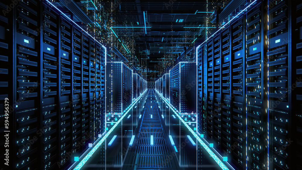 Aufkleber data technology center server racks in dark room with vfx. detailed visualization concept of interne