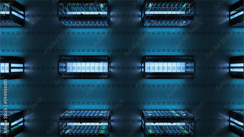 Poster modern data technology center server racks working in dark facility. concept of internet of things, 